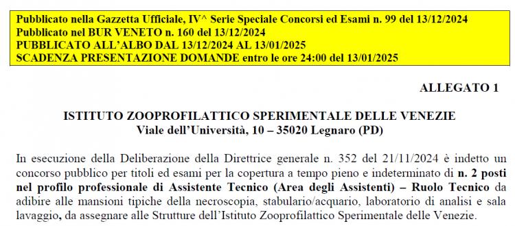 Bando Istituto Zooprofilattico Sperimentale delle Venezie: 2 posti Assistente Tecnico tempo indeterminato