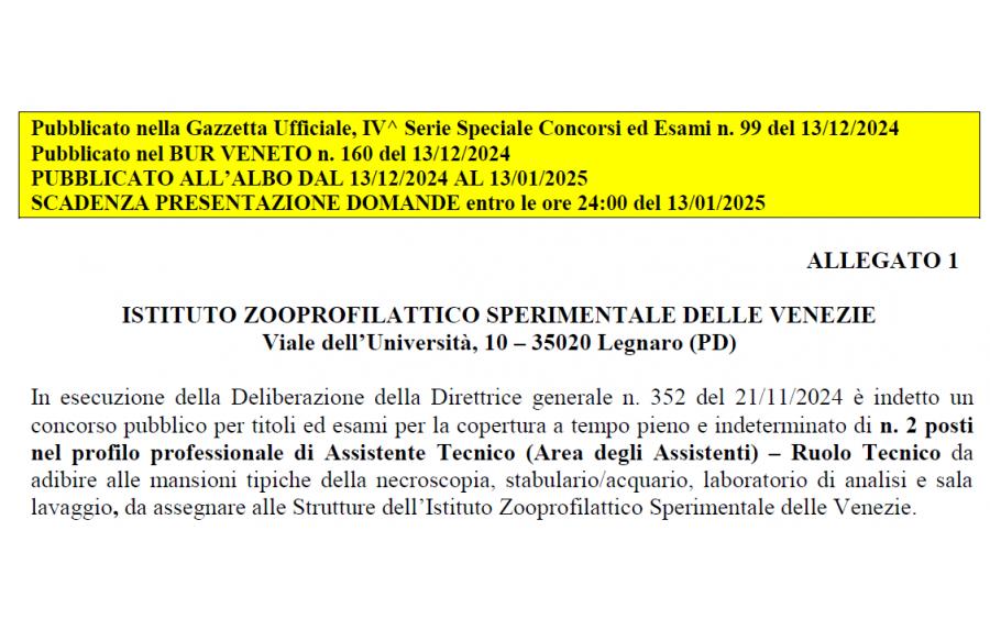 Bando Istituto Zooprofilattico Sperimentale delle Venezie: 2 posti Assistente Tecnico tempo indeterminato