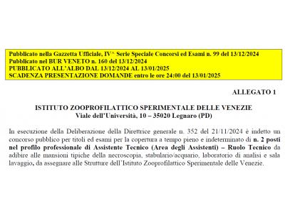 Bando Istituto Zooprofilattico Sperimentale delle Venezie: 2 posti Assistente Tecnico tempo indeterminato